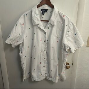 VTG Denim Button-Up Shirt Womens 3X Plus White Floral Embroidered Top Grannycore